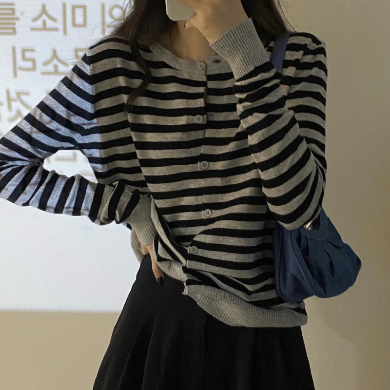 条纹针织开衫女2021春秋新款温柔风大码胖mm毛衣外套长袖打底上衣