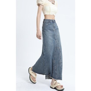巧禾女装 复古开叉牛仔半身裙女高腰a字长裙显瘦夏季裙子鱼尾裙