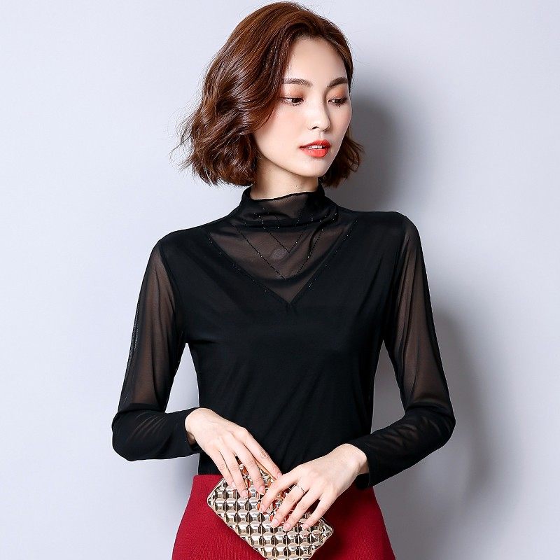 蕾丝打底衫女春秋长袖内搭薄款网纱上衣百搭修身黑色洋气高领小衫,女装/女士精品,T恤,淘宝优惠券,粉丝福利购,淘宝优惠卷