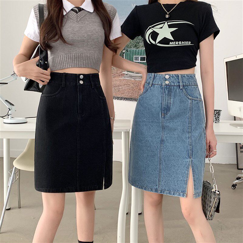 牛仔中裙半身裙女夏季薄款高腰显瘦加长版a字裙蓝遮肚子百搭裙子