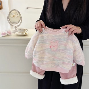 女童套装秋冬装加绒加厚童装洋派童装冬季女孩韩系卫衣两件套