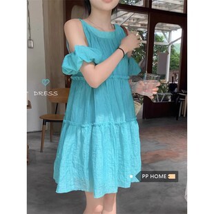 减龄俏皮湖绿色背心连衣裙女夏季新款学生甜美露肩木耳边宽松短裙