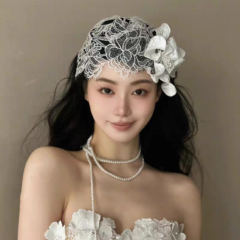 新款新娘头饰超仙蕾丝花边包头帽子法式复古结婚纱礼服造型发配饰