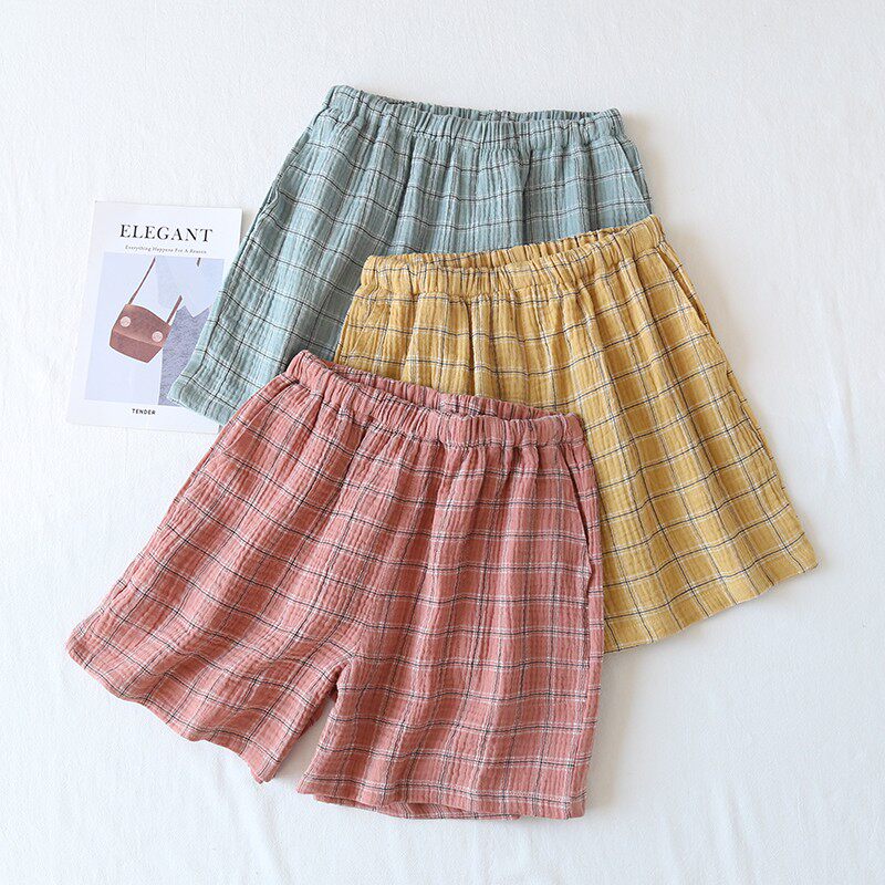 情侣纯棉睡裤男女短裤夏季薄款全棉纱布双层绉布家居裤沙滩裤大码