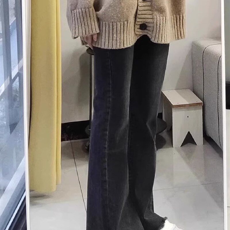 黑灰微喇牛仔裤女2024新款春秋大码胖mm小个子显瘦裤子高腰喇叭裤