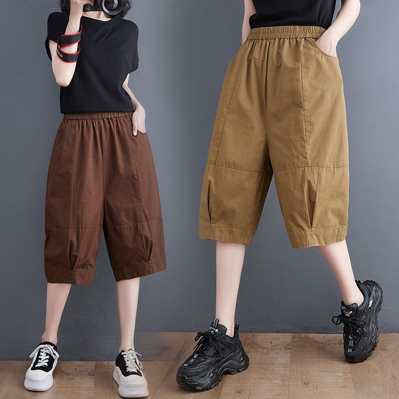 工装阔腿裤女夏季宽松大码显瘦纯色中裤高腰七分休闲直筒五分裤潮,女装/女士精品,休闲裤,淘宝优惠券,粉丝福利购,淘宝优惠卷