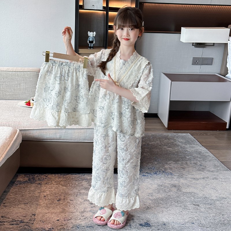 女童睡衣三件套2024新款夏季薄款夏天儿童女孩大童女宝空调家居服