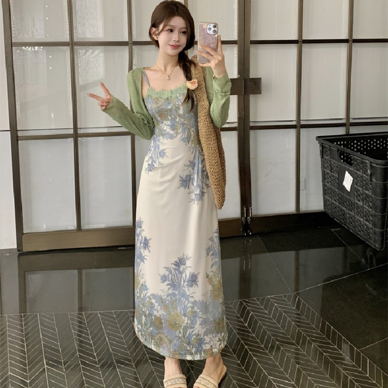 大码胖mm薄荷曼波新中式提花绿色吊带连衣裙开衫女夏显瘦旗袍裙子