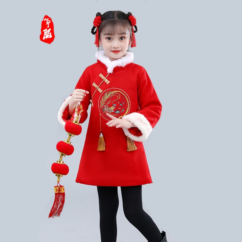 女童汉服冬装宝宝唐装加厚小童童装红色新年衣服儿童拜年服冬装