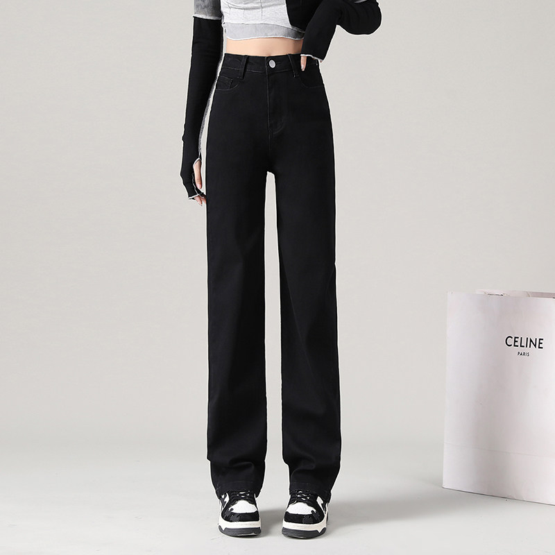 黑色窄版阔腿直筒牛仔裤女2024年春秋新款高腰小个子九分烟管裤子
