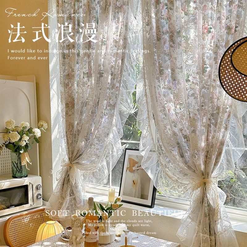 法式田园复古玫瑰印花韩式蕾丝双层飘窗窗帘卧室隔断美式半帘布帘,居家布艺,定制窗帘,淘宝优惠券,粉丝福利购,淘宝优惠卷