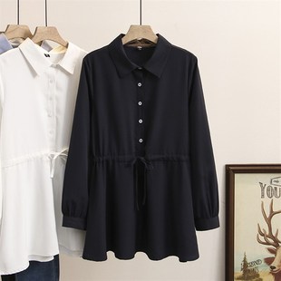 加大码孕妇白色衬衫春装中长款雪纺上衣春秋宽松长袖收腰衬衣显瘦