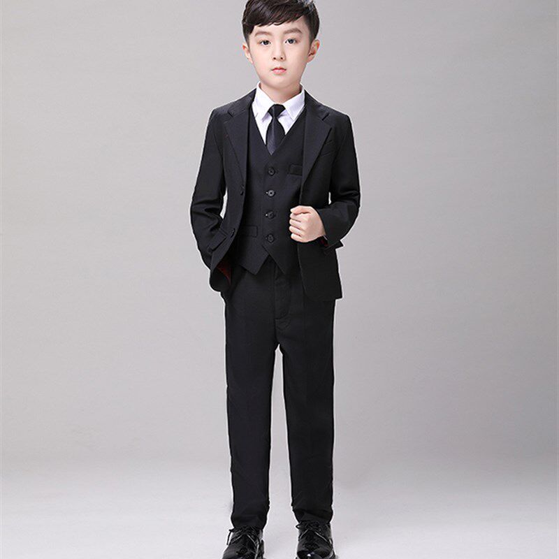 儿童西装套装男童正装黑色西服马甲帅气花童主持礼服钢琴演出服棉