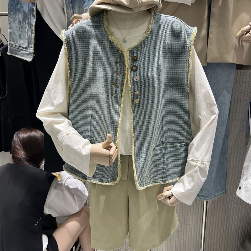 大码300斤圆领牛仔马夹男女装春秋季小众毛边设计感背心马甲外套2