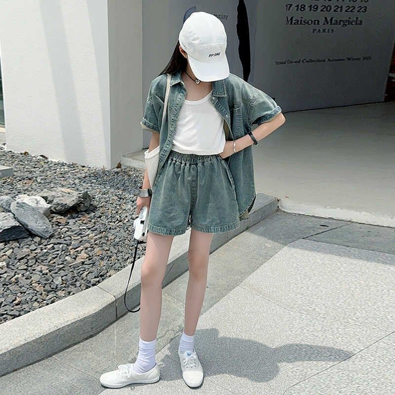 韩系港风复古牛仔短袖套装女2024夏时尚休闲薄款阔腿短裤两件套