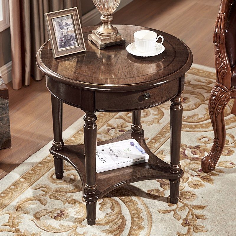 沙发边几 美式复古小茶桌可移动中古风圆形阳台咖啡桌子实木角机
