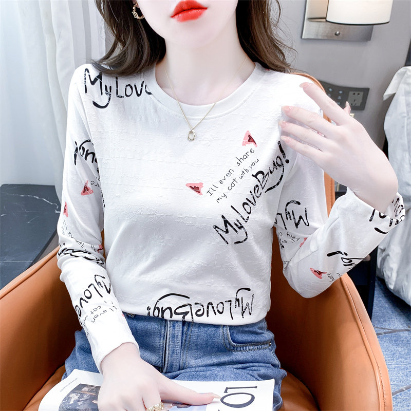 时尚印花纯棉白色圆领内搭衣女春秋新款修身百搭长袖T恤女上衣