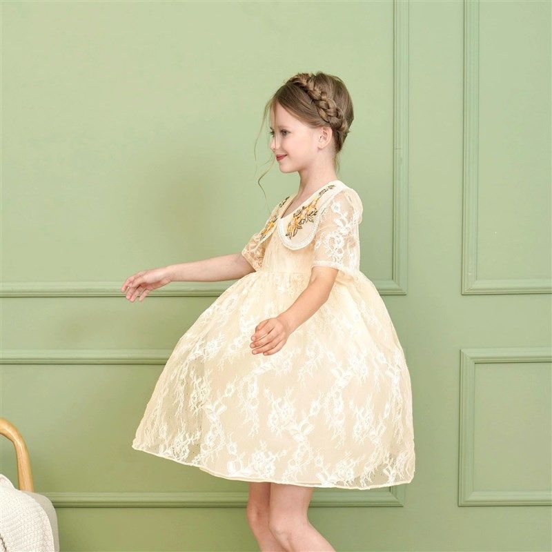 童装女童新款夏装蕾丝重工钉珠串珠绣花领短袖连衣裙甜美宽松,童装/婴儿装/亲子装,连衣裙,淘宝优惠券,粉丝福利购,淘宝优惠卷