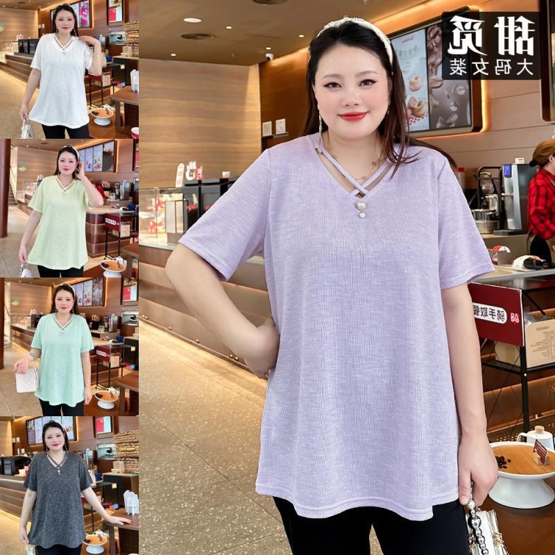 法式气质慵懒风纯色胖MM300斤加大码夏短袖V领中长款女装上衣T恤