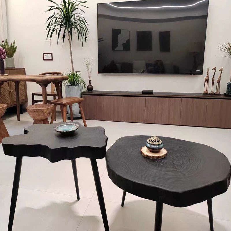 碳化原木侘寂风茶几家用创意实木烟熏小茶台客厅边几民宿铁艺茶桌