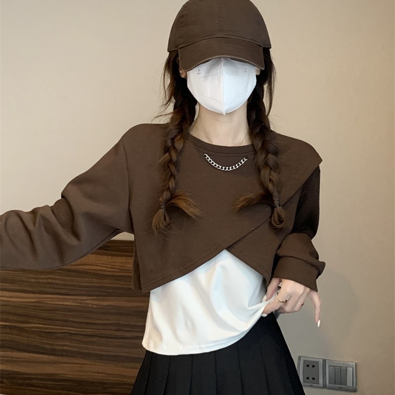 短上衣女春季设计感不规则交叉2024新款薄款外穿长袖甜酷个性卫衣
