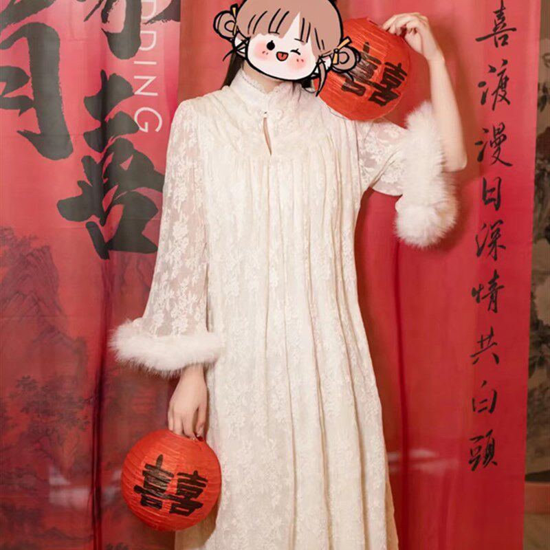 新中式晨袍新娘高级感秋冬白色连衣裙女国风结婚敬酒服蕾丝裙子