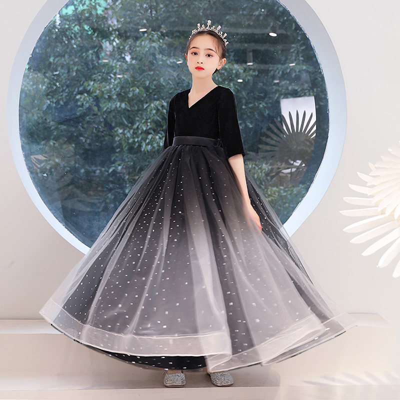 女童晚礼服儿童公主裙小孩走秀婚纱生日舞台主持人钢琴演出服秋冬