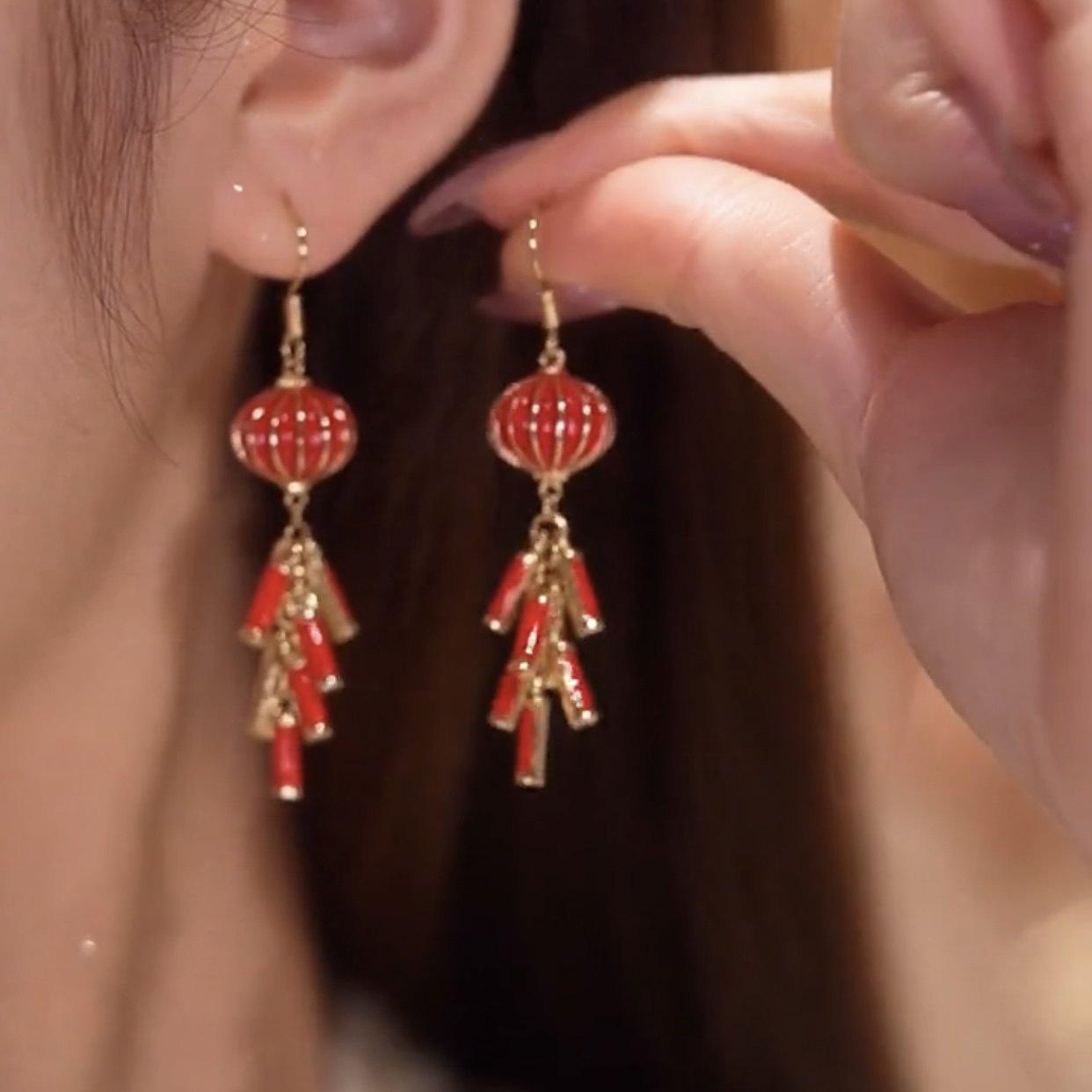 日韩春节耳环女长款红色喜庆灯笼鞭炮耳坠手工制作秋冬季款耳耳夹