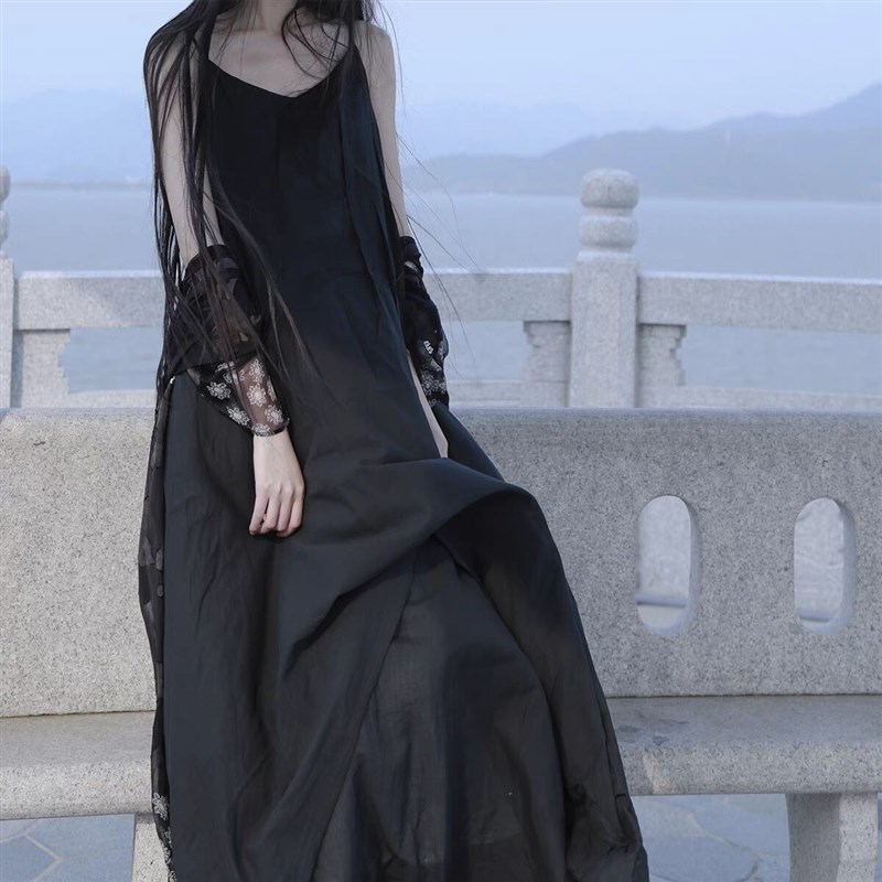 文艺吊带百搭喷色背心长裙2024新款佛系女装国风禅意开衫棉麻套装