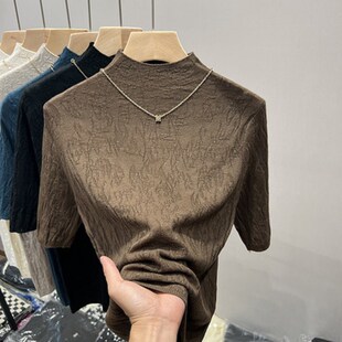 大码羊绒春秋冬季肌理感气质针织衫五分袖女半高领中袖打底衫上衣