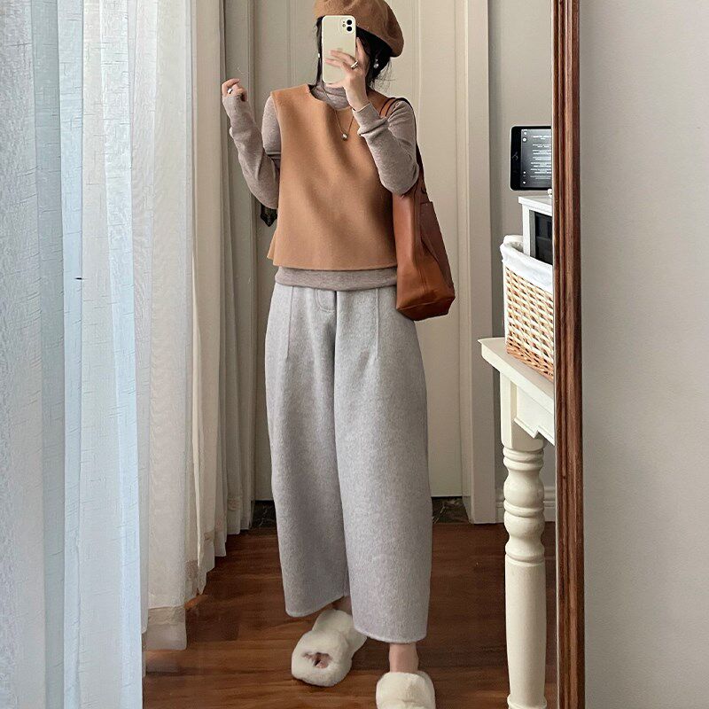 双面手工羊毛萝卜裤九分哈伦奶奶裤女秋冬新款加厚宽松毛呢休闲裤