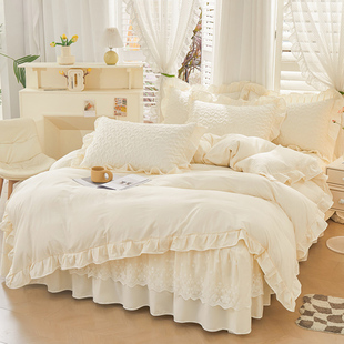 纯色全棉夹棉床笠式床裙款四件套纯棉公主风荷P叶花边被套四季床