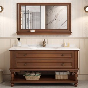 美式橡木落地式浴室柜组合实木卫生D间洗手池洗脸盆一体陶瓷盆卫