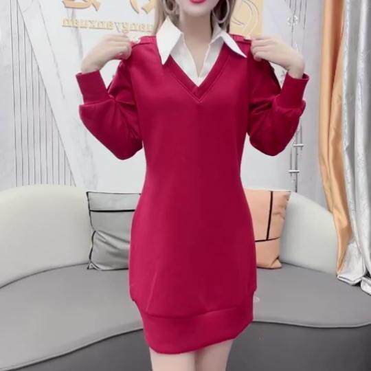 时尚假两件连衣裙女2024年秋冬新款气质宽松显瘦拼接中长款卫衣裙