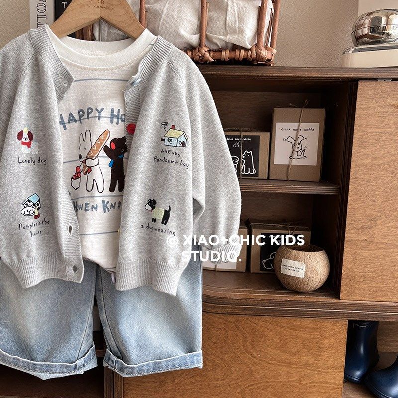 纯棉不起球~儿童韩版春夏薄软绣花百搭开衫男女童针织衫休闲外套