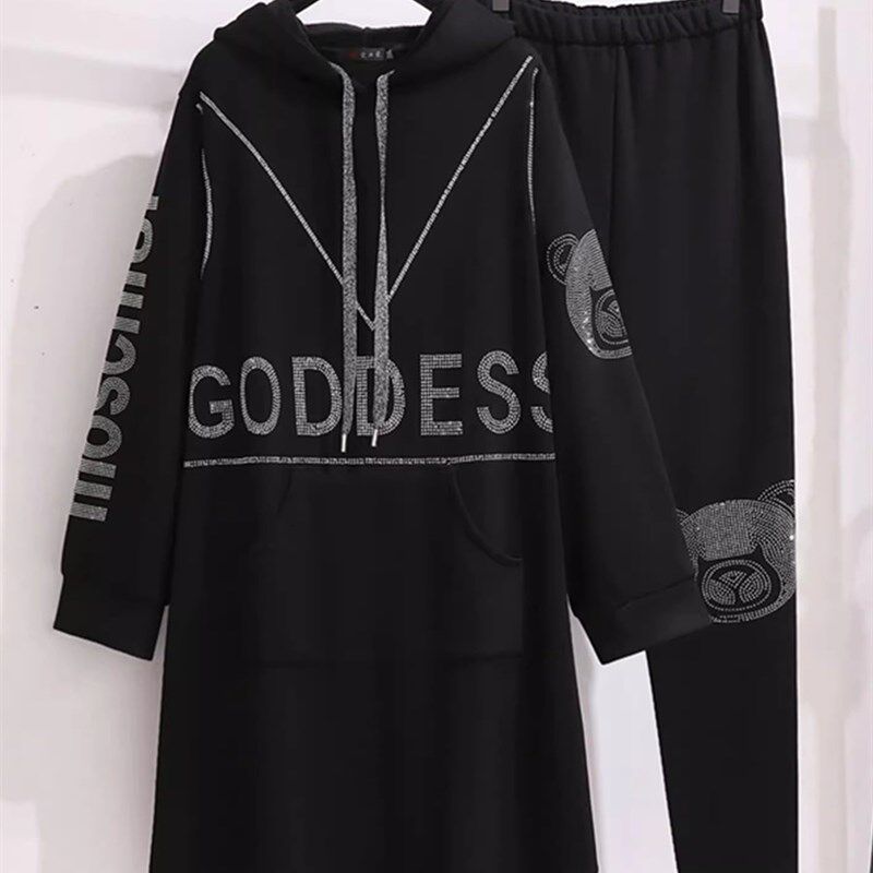 特大码350斤秋冬加绒套装女200宽松中长款卫衣裙胖妹妹高腰打底裤