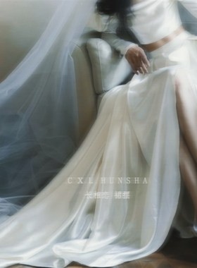 半身裙缎面可拆卸法式简约高级缎面前短后长开衩裙摆新娘旅拍造型