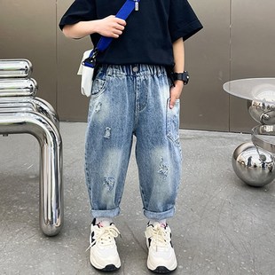 男童软牛仔裤春秋款2025春装新款破洞裤子儿童直筒长裤浅色小孩
