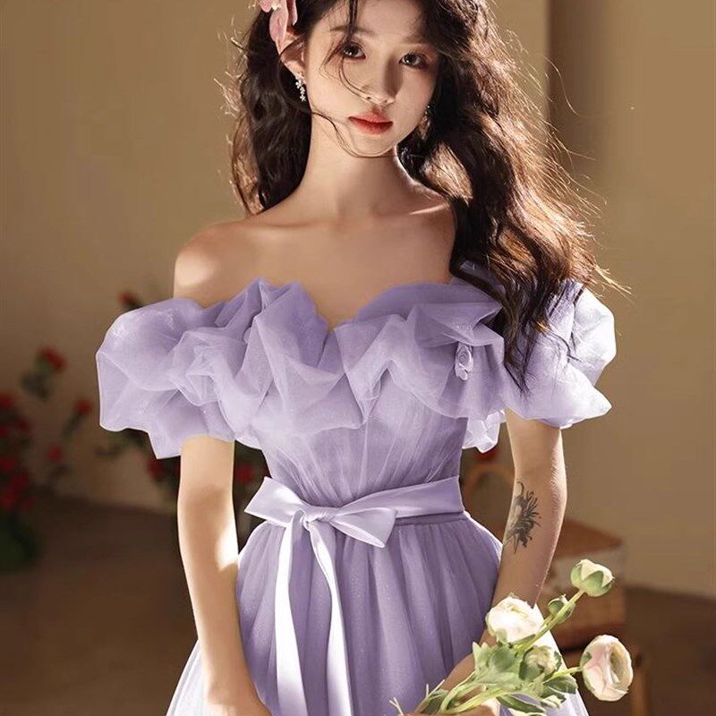 森系紫色晚礼服女轻奢小众高端生日宴会气质一字肩年会主持人长裙