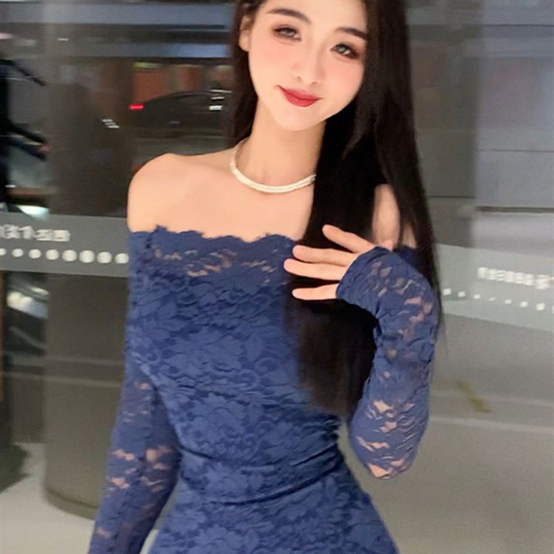 纯欲辣妹一字修身肩连衣裙女秋冬高级感紧身显瘦蕾丝包臀短裙子潮,女装/女士精品,连衣裙,淘宝优惠券,粉丝福利购,淘宝优惠卷