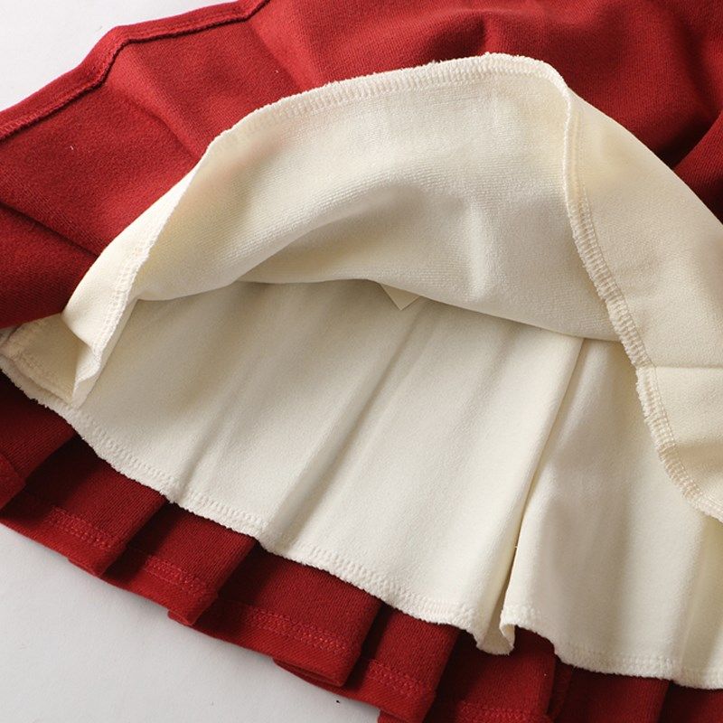 女童半身裙秋冬款百褶裙儿童毛呢短裙2023新款红色小女孩加绒裙子
