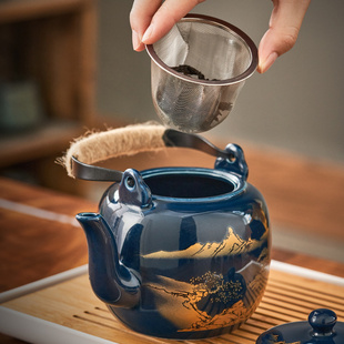 功夫茶具套装 黑釉中式 家用大号复古霁兰办公室泡茶壶茶杯提梁陶瓷