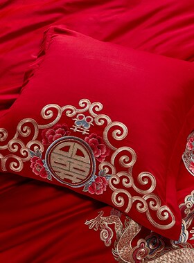 婚庆大红色纯棉靠垫枕套刺绣抱枕一z对60*60CM含芯全棉结婚腰靠芯