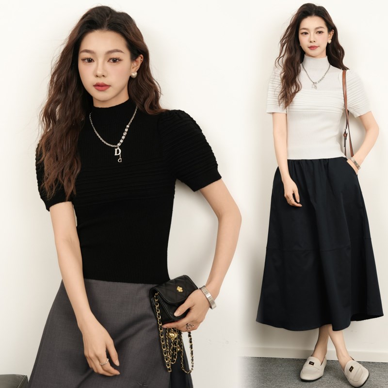 纯色半高领半袖针织短袖t恤女夏季2025新款高级感修身泡泡袖上衣