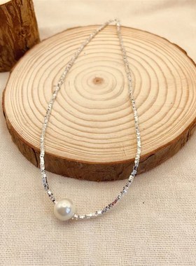简约气质百搭几何碎银子方块珍珠项链女小众设计轻奢不规则锁骨链