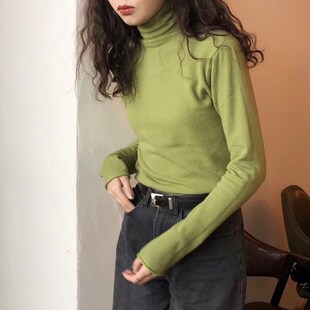 女秋冬修身 温柔少女牛油果h绿色针织衫 弹力软糯内搭打底草绿色毛