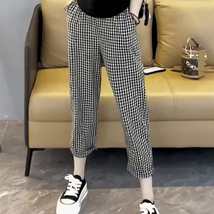 夏 梨形身材微胖女生穿搭p大码 格子休闲裤 子女九分哈伦老爹裤 薄款