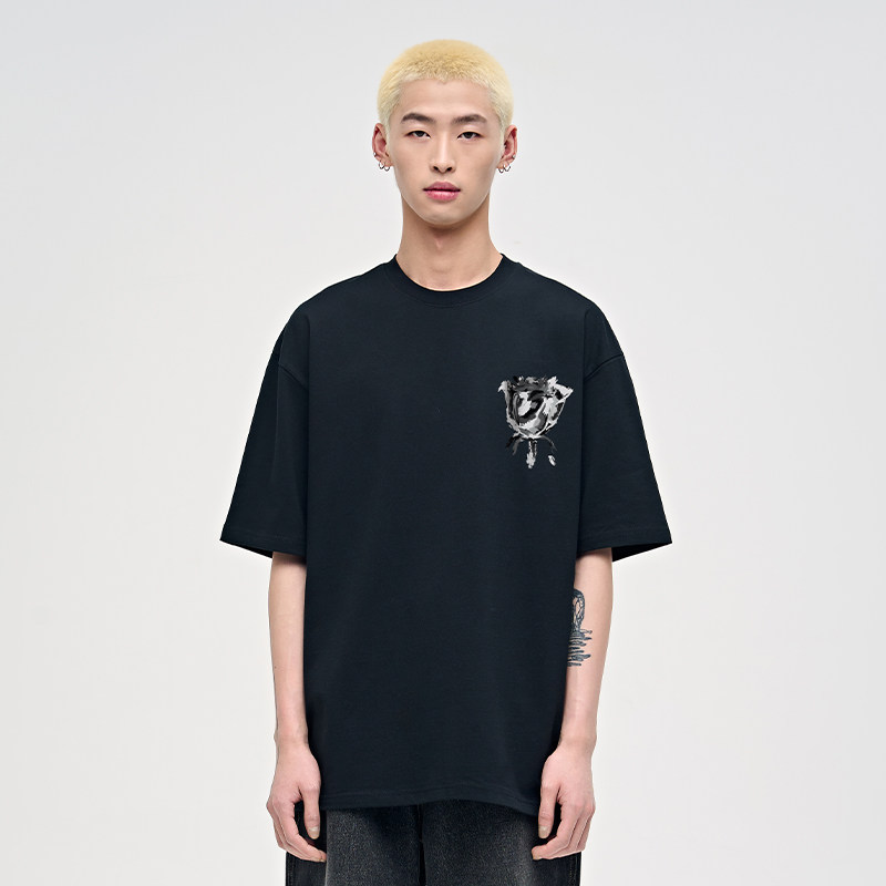 山小川潮牌纯色玫瑰n花短袖t恤男美式复古重磅纯棉街头潮流情侣衫