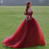 2024新款 旅拍轻婚纱红色主婚纱新娘结婚高级拖尾外景在逃公主礼服