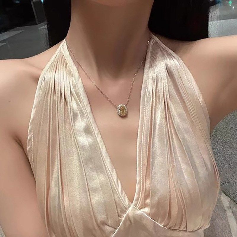 超闪璀璨仿莫桑石鸽子蛋项链椭圆群镶锆石合成黄钻阿盖尔粉钻吊坠